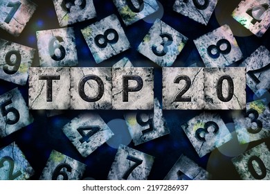 Top 20, Words, Above Different Numbers, On A Dark Blue Background. Alphabet On Stone Blocks.Rating. Rating Concept. Background.