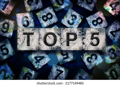 Top 5, Words, Above Different Numbers, On A Dark Blue Background. Alphabet On Stone Blocks.Rating. Rating Concept. Background.