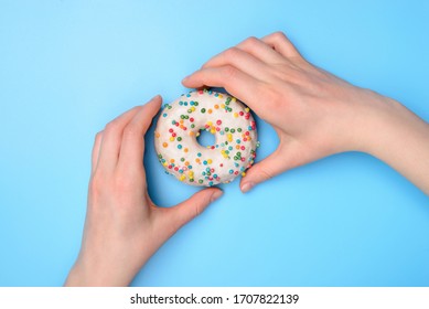 Top Above Flat Lay Flatlay Overhead Close Up View Photo Of Hands Taking Buying Tasty Fresh Sugary Donut Ready To Eat Isolated Over Pastel Color Table Background