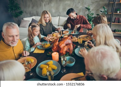 Top Above High Angle Photo Of Large Happy Family Mature Friends Small Little Children Gather Sit Table Celebrate Thanksgiving Day November Event Eat Poultry Meal Corn Harvest Drink Wine In House