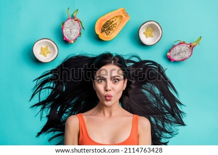 Top above high angle photo of lady dragon fruit star coconut procedure send air kiss isolated cyan color background