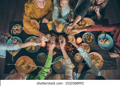 Top Above High Angle View Of Nice Lovely Big Full Cheerful Friendly Family Having Fun Lunch Eating Homemade Tasty Yummy Delicious Meal Dishes Drinking Beverage In House Restaurant Indoors