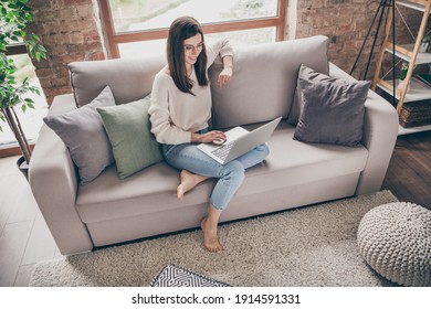 Top Above High Angle View Photo Of Pretty Woman Work Sit Sofa Use Computer Browse Wear Glasses Inside Home Living Room