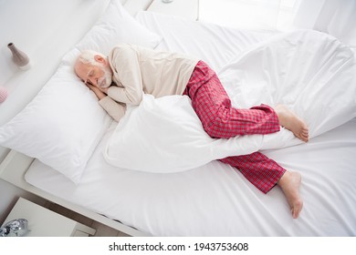 Top above high angle view of aged man lying in bed sleeping in silence rest relax comfort wear pajama indoors