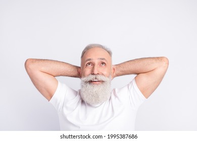 Top above high angle view photo of happy old man look up empty space relax smile isolated on grey color background
