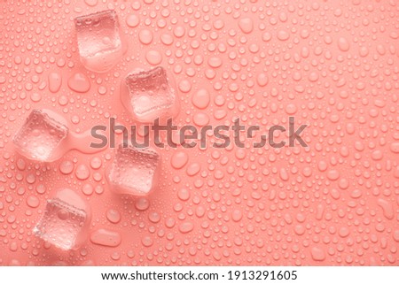 Top above overhead close up view photo image of ice cubes on pastel pink backdrop