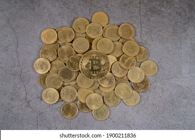 Top Above Overhead View Photo Of Golden Bitcoins On Pile Of Many Coins.