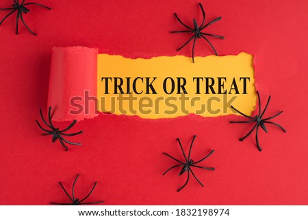 Top above overhead view photo of torn halloween red paper over yellow background with decorative spiders
