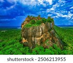 The top aerial drone view from above of Sigiriya in Sri Lanka. Sigiriya Lion