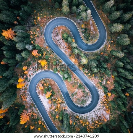 Top aerial view of famous Snake road near Passo Giau in Dolomite Alps. Winding mountains road in lush forest with orange larch trees and green spruce in autumn time. Dolomites, Italy