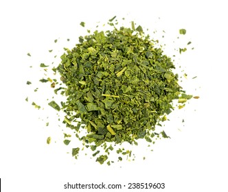 Top Aerial View Of Loose Leaf Green Tea Isolated On White