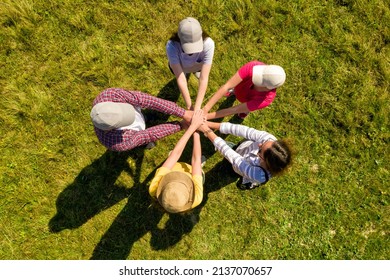 Top aerial view of people holding hands together in circle on green grass. Drone photography - Powered by Shutterstock