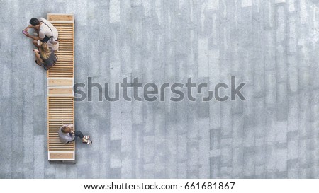 top aerial view of people sit on wood bench at the upper floor pedestrian.