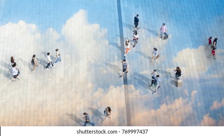 Top Aerial View People Walk On The Pedestrian City Street Walkway On Pavement Concrete Reflect Cloud And Blue Sky.