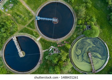 Top aerial view of purification tanks of modern wastewater treatment plant