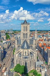 Top Aerial View Of Saint Nicholas Church Sint-Niklaaskerk Scheldt Gothic Style Building With Tower In Ghent City Historical Centre Gent Old Town, East Flanders Province, Flemish Region, Belgium