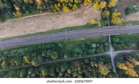 Top Aerial View Of Train Tracks Through German Forest Near Munich Aerial Drone View Fotage