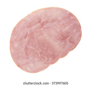 Top Angle View Of A Large Slice Of A Low Sodium Hickory Smoked Ham Steak Isolated On A White Background.