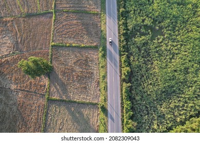 Top Ariel View Of Farmland Field Fron Thailand With Car Moving On Road