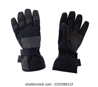Top and back view of black gloves isolated on white background. Sport accessories for ski and snowboarding