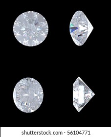 Top, bottom and side views of brilliant diamond. Over black. Other gems are in my portfolio. Extralarge resolution