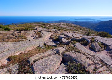 Top Of The Cadillac Peak With Fall Foliage In Acadia National Park, Maine ME, USA.