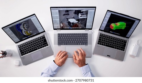 Top Digital Designer Developing Battery Pack Simulation On Personal Laptop.