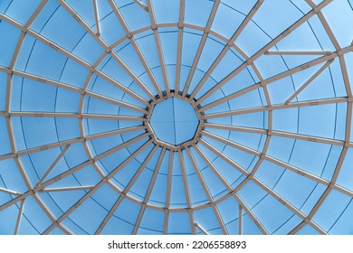 Top of the dome structure - a circle of circular steel beams. High quality photo