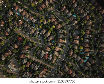 Top down aerial drone image of a suburb in the midst of summer, backyard turf grass and trees lush green.  The roofs and pools look colorful.
