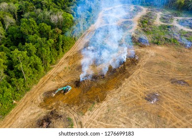 Top down aerial view of deforestation - jungle being removed and burnt to make way for plantations in Thailand