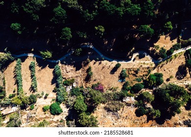 Top Down Aerial View Of Hiking Path At Ribeira Das Vinhas In Cascais, Portugal - Translated To Vineyards Trail