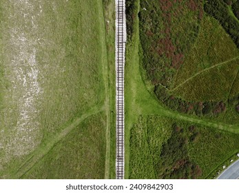 Top down aerial view of the Llandudno funicular railway track on the Great Orme mountain, Wales, UK - Powered by Shutterstock