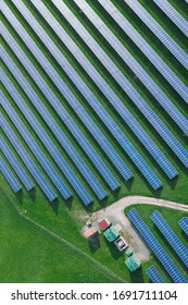 Top Down Aerial View Over Solar Farming Field In United Kingdom