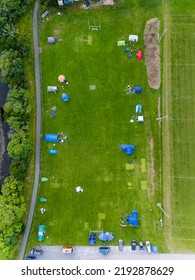 Top Down Aerial View Of A Popup Campsite In Wales, UK