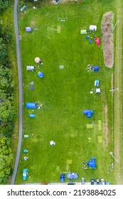 Top Down Aerial View Of A Popup Campsite In Wales, UK