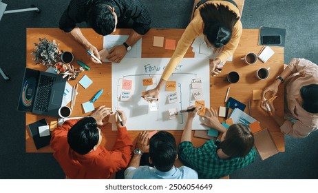 Top down aerial view of professional business people hands making scrum task board to manage workflow in workplace. Diverse marketing team writing and working together at meeting room. Convocation. - Powered by Shutterstock