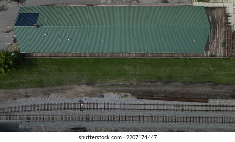 Top Down Aerial View Of Train Depot 