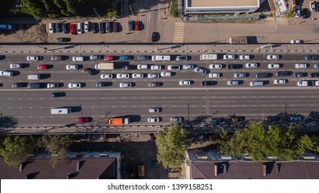 Top Down Aerial View Of Urban Traffic Jam Rush Hour Highway.