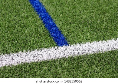 A top down angle view with one white and one blue line on a soccer field