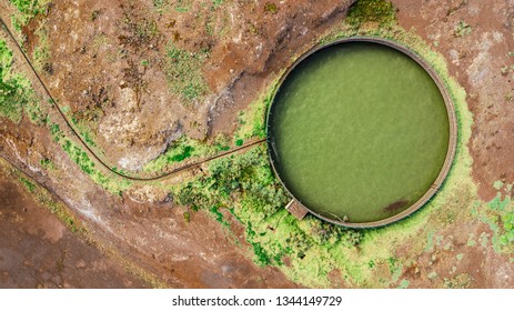 Top down of circular filtration pool in a wastewater treatment plant in Madeira island, Portugal.