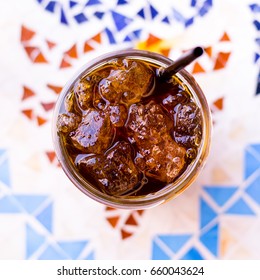 Top Down Close Up Of A Cool Refreshing Glass Of Iced Coffee