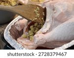 The top down, close up image of a man stuffing a turkey with a wooden spatula.
