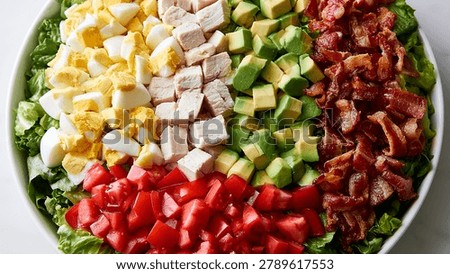 Top down close up view of a classic Cobb salad with neatly arranged rows of diced chicken, bacon, egg, avocado, and tomato.
