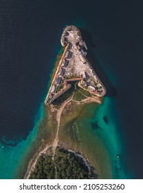 Top down of colorful reef and St. Nicholas Fortress - Sibenik archipelago, Croatia