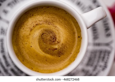 Top Down First Person Perspective On Close Up Of Delicious Creamy Hot Coffee Or Cocoa In Mug