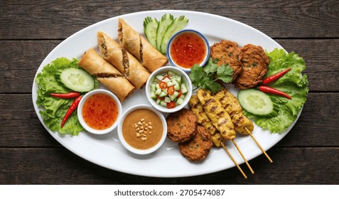 top down flatlay of assorted Thai appetizers on a large white platter: spring rolls, chicken satay skewers, fish cakes, dipping sauces in small bowls, neatly arranged with lettuce and cucumber garnish