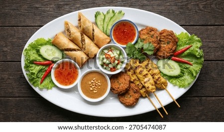 top down flatlay of assorted Thai appetizers on a large white platter: spring rolls, chicken satay skewers, fish cakes, dipping sauces in small bowls, neatly arranged with lettuce and cucumber garnish