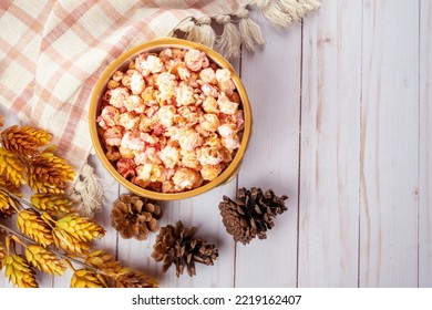 Top Down Flatlay, With Flavored Popcorn In A Bowl, Dried Flowers, And Plaid Fabric Towel, Useful For Cozy Autumn And Fall Concept Projects