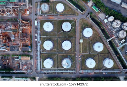 Top down flat-lay view of pipelines & storage tanks laid out throughout the CPC oil refinery factory in a petrochemical estate in Taoyuan, Taiwan, Asia