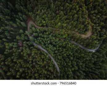 Top Down Forrest View At Zia Mountain Village, Kos Island, Greece. Road Passing Through.